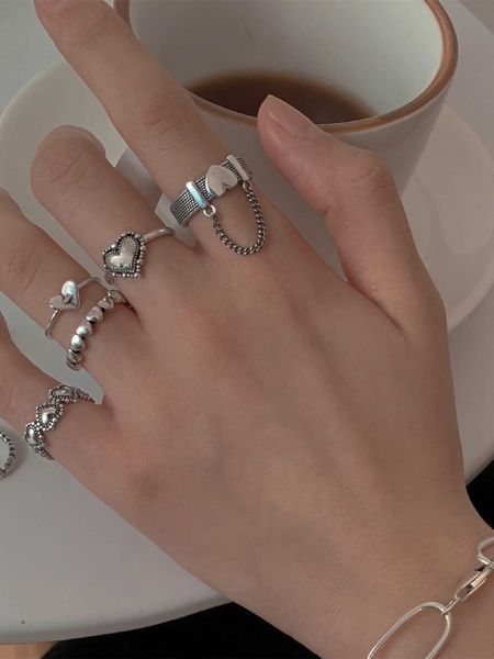 

women's accessories 5pcs heart chain decor ring, Silver