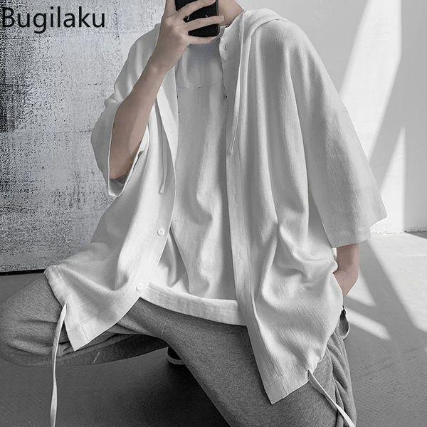 

men's casual shirts bugilaku lazy wind day retro shirt and women's short sleeve hooded summer thin 230724, White;black
