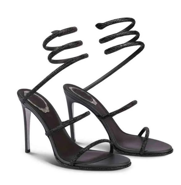 

renes- c crystal-embellished leather sandals shoes strappy women nice pumps luxury brands summer caovillas lady high heels party wedding bri, Black