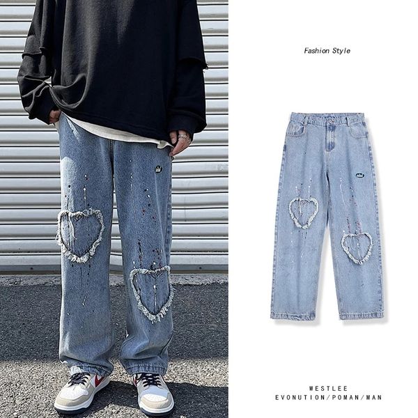 

men's jeans and women's high street vibe splash ink jeans male loose straight trendy brand personality old pants 230724, Blue