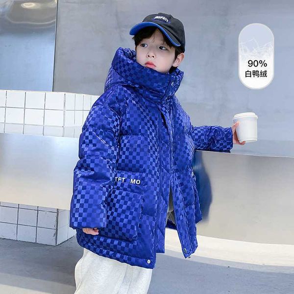 

down coat winter warm cotton clothing mid-length plus down jacket outdoor thickened white duck down jacket children plaid cotton clothing hk, Blue;gray