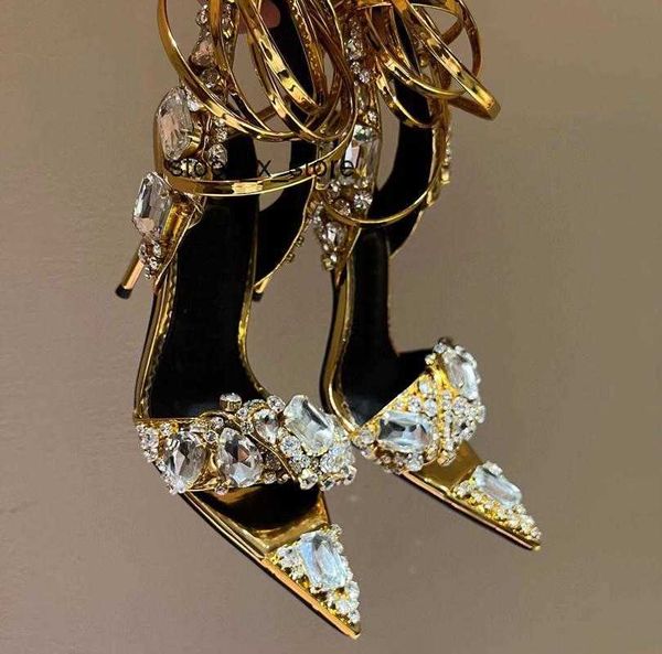 

101mm hand sewn crystal decoratefine highheeled sandals luxury gold winding bandage pointed toe tom-fords womens designers street style shoe, Black