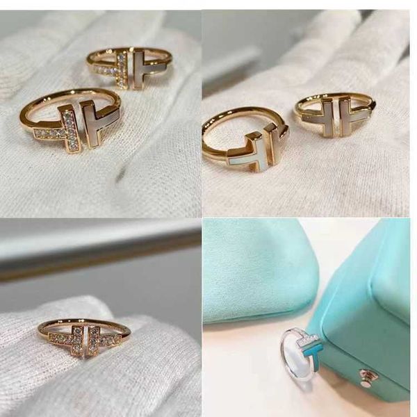 

trendy tiffay ring women's double t open adjustable 925 sterling silver set diamond fritillaria plated rose gold colorless pair zp8g, Slivery;golden
