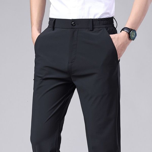 

mens pants summer casual men thin business stretch slim elastic waist jogger korean classic black gray blue trousers male 230724