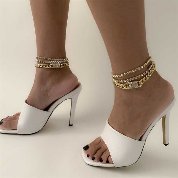 

3pcs set iced out rhinestone chain anklet women men boho crystal chunky cuban curb summer beach barefoot hop jewelry 230719, Red;blue