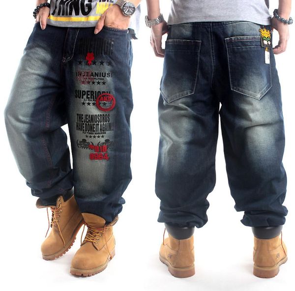 

mens hip hop baggy jeans with embroidery for street dancing and skatebord loose fit plus size 42 44 46 60028130253, Blue