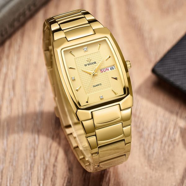 

wristwatches wwoor square watch men with automatic week date luxury stainless steel gold mens quartz wrist watches relogio masculino 230724, Slivery;brown