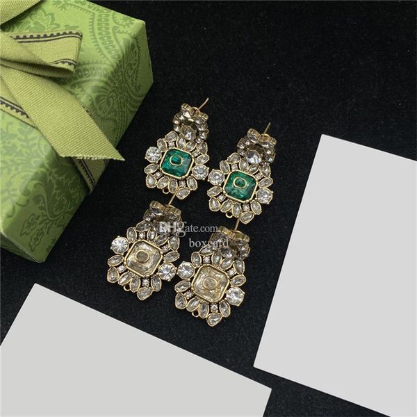 

vintage diamond dangle earrings luxury rhinestone charm earrings emerald diamond studs crystal double letters eardrops with box, Golden