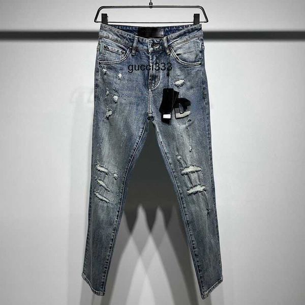 

women gabbanaly g 23 new jeans dg washed ripped holes flocking letters denim trousers men d dolcly micro-elastic slacks designer pants trend, Blue