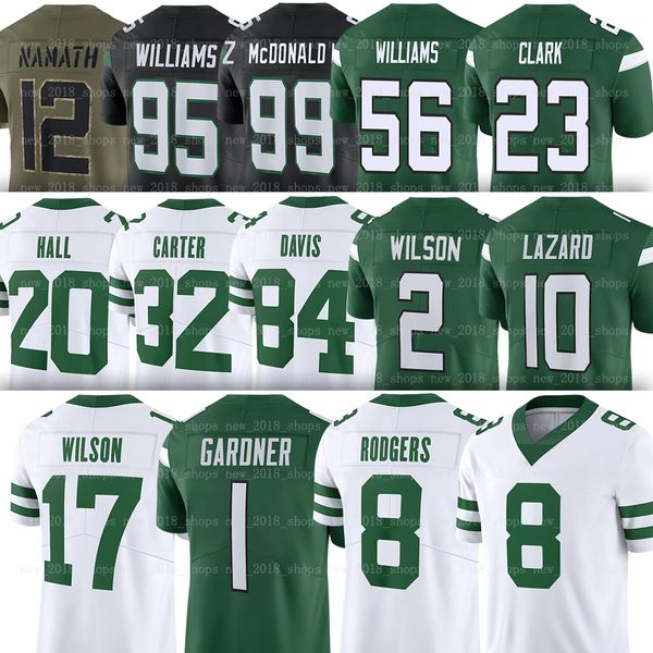 

8 aaron rodgers football jerseys jetes sauce gardner garrett wilson zach wilson breece hall quincy williams allen lazard chuck clark wes sch, Black;red
