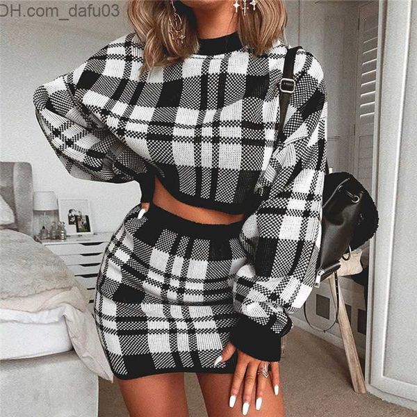 

two piece dress two piece dress knitted plaid 2 piece set dress women autumn elegant long sleeve mini dress winter female crop sweater dress, White