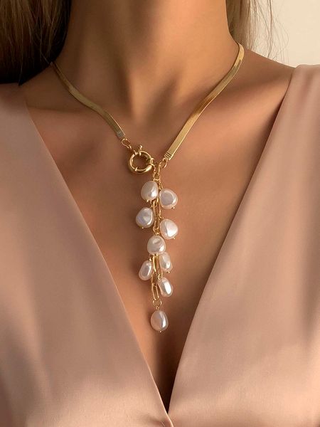 

women's accessories faux pearl tassel charm y lariat necklace, Silver
