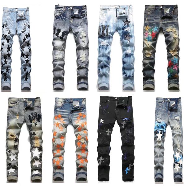 

2023new blue jeans men jeans amiiri jeans hole light blue dark gray italy brand man long pants trousers streetwear denim skinny slim straigh