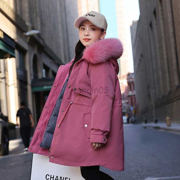 

down coat fashion med-length parka for teens winter thick warm coats with large fur collar kid girls clothes detachable down jacket 4-12 y h, Blue;gray