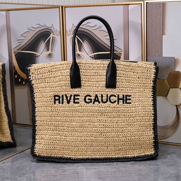 

women lafite grass weave tote shopping bag rive gauche handbags purse snap-fastener embroidered letter leather handle summer beach handbag