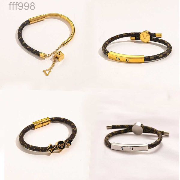 

plated new gold style womens bracelets women steel bangle wedding designer letter stainless jewelry bracelet faux leather 18k gifts, Black