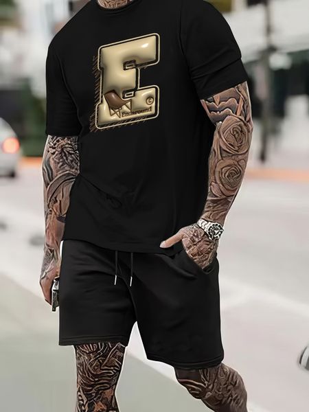 

men's tracksuits letter e graphic print comfortable crew neck short sleeve tshirt shorts sets summer casual trendy clothing 230724, Gray