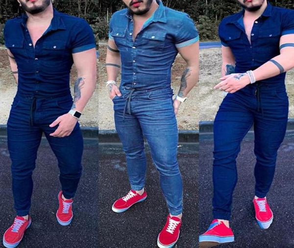 

men039s jeans denim jumpsuit for men overalls romper fashion streetwear one piece slim fit short sleeve playsuits joggers male 5279065, Blue