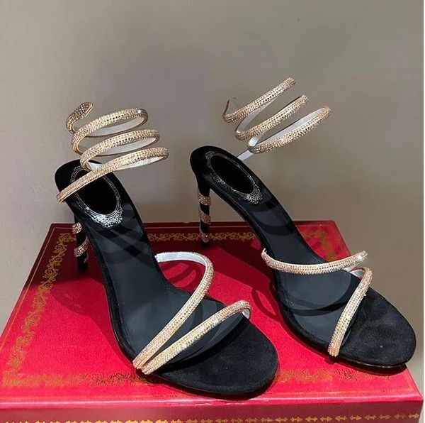 

luxury brand-cleo-embellished suede sandals stiletto high heel renes caovilla crystal black snakelike twining rhinestone sandals women summe