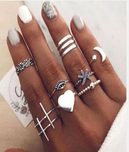 

s1873 fashion jewelry knuckle ring set vintage geometric eye starfish heart rings midi rings sets 10pcsset1680496, Silver