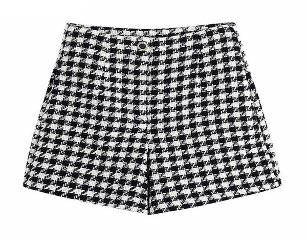 

traf women fashion houndstooth tweed bermuda shorts vintage high waist zipper fly female short pants mujer 2204018254953, White;black