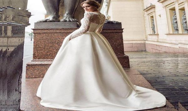 

modest long sleeve wedding dress 2020 new scoop satin appliqued aline bridal gown with pockets vestidos de novia 133142606, White
