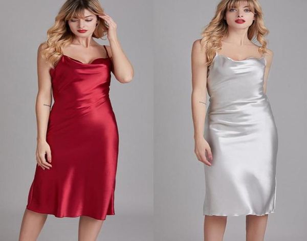 

women039s sleepwear female sling sleeveless nightdress women long satin spaghetti strap nighties faux silk soft home wear1388490, Black;red