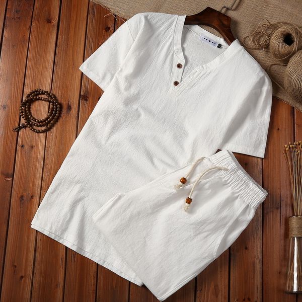 

men s tracksuits arrival cotton and linen short sleeve t shirt shorts 2pc set solid shirt shorts home suits male  5xl tz002 230724, Gray
