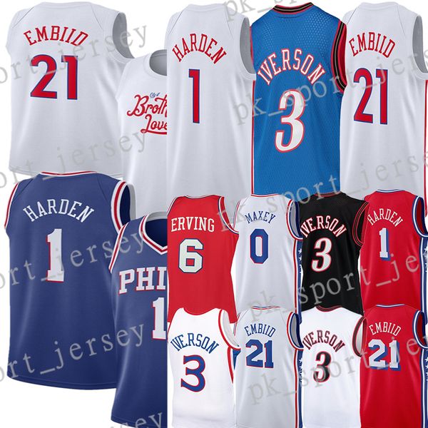 

#21 joel embiid basketball jersey #1 harden 0 tyrese maxey allen iverson julius erving 2023 city edition retro shirt jerseys, Black;red