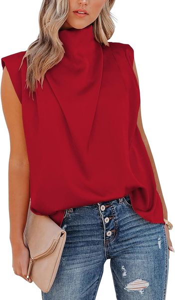 

womens cap sleeve blouse loose casual satin high cowl neck shirts, White