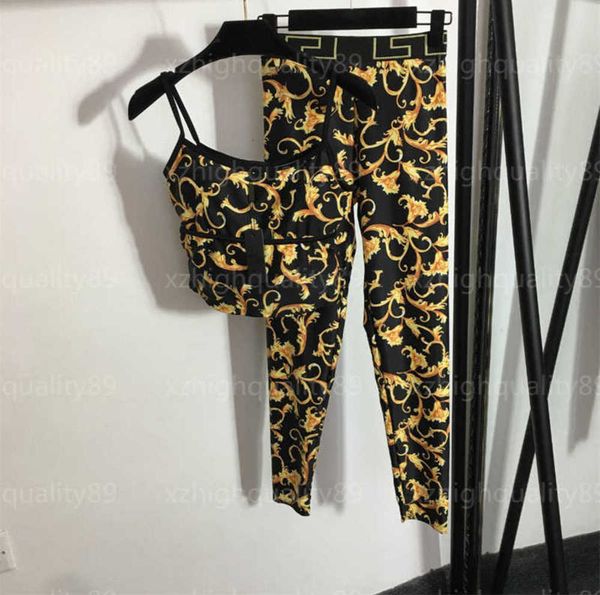 

women tracksuit vest pants two piece set sportswear vintage floral printed camisole tank webbing elastic waist slim bottoms tracksuits women, Gray