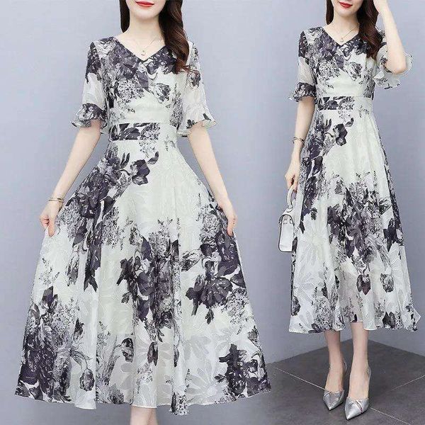 

item national style ink painting print dress for women summer thin chinese v neck elegant ice silk a line, Black;gray