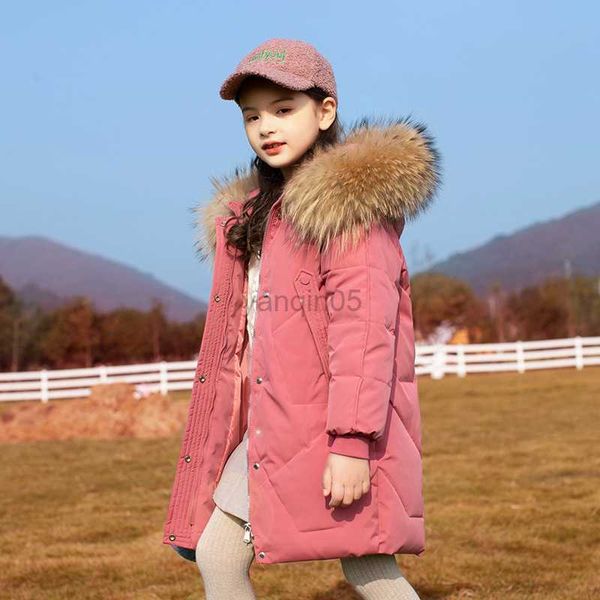 

down coat winter girls down coats quality real fox fur collar slim kids 90% white duck down jackets children long parkas hoodies hkd230725, Blue;gray