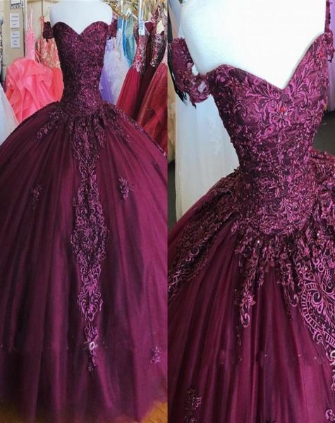 

burgundy ball gown quinceanera dress off the shoulder 2023 expensive lace beads corset back sweet 16 dress plus size for women for1937071, Blue;red
