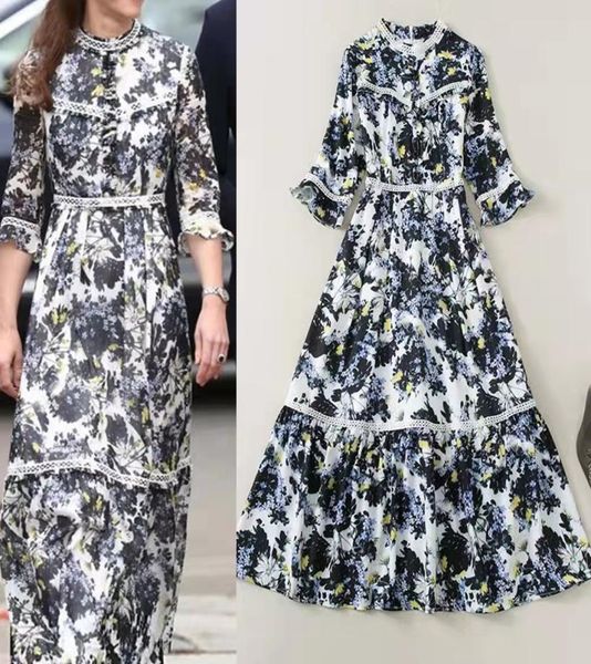 

highquality standcollar lace stitching printed 34 sleeve dress4372834, Black