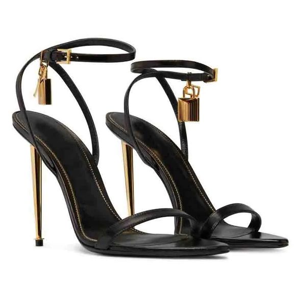 

luxury brand woman sandal queen high heel gold heel padlock leather sandals high-heeled r naked sandalie pumps, Black