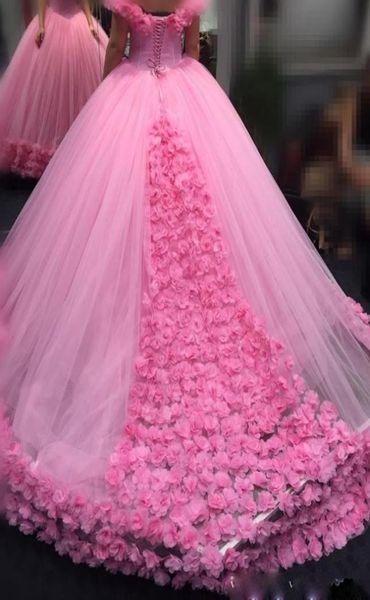 

pink ball gown wedding dresses with hand made flowers sweet cap sleeve sweetheart wedding gowns custom made lace up dresses vestid3572355, White