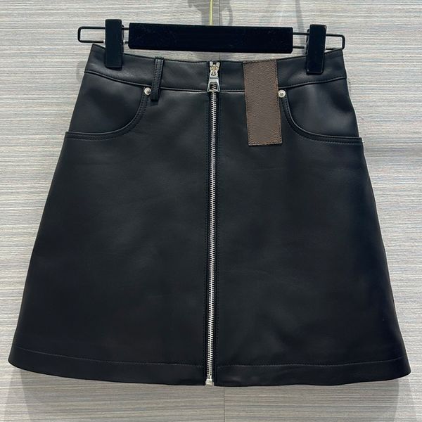 

7.25 fashion print pocket zipper genuine leather a-line skirts women, Black