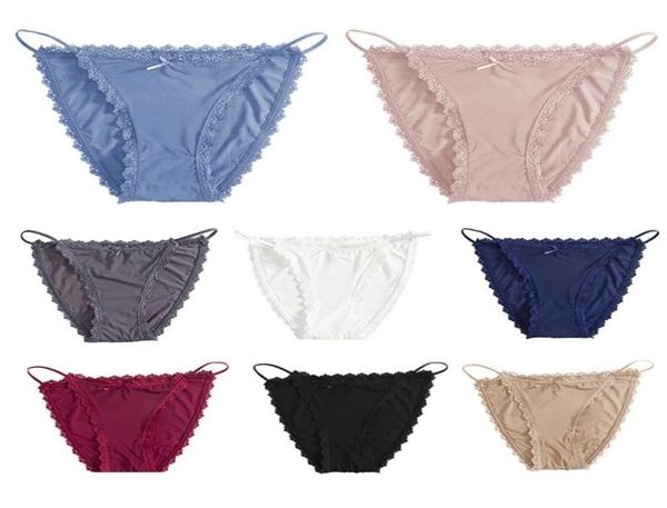 

women solid color ice silk lace trim strap breathable thin panty briefs3614179, Black;pink