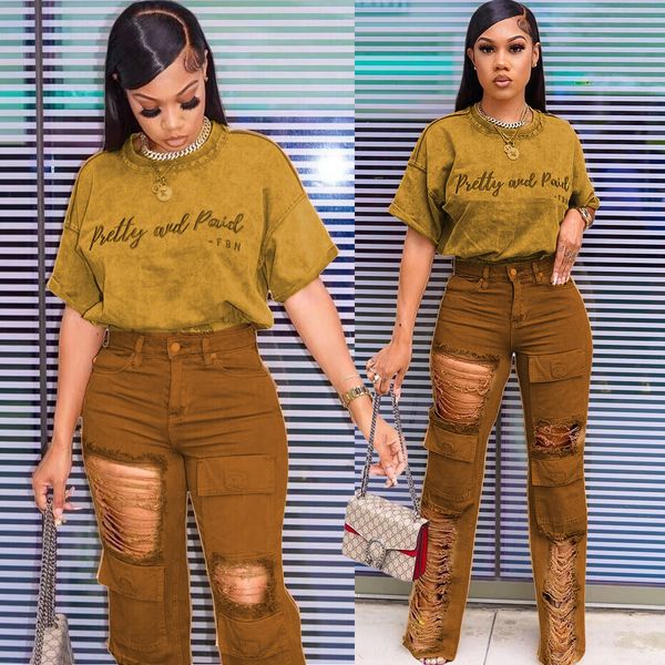 

womens two piece pants denim 2 sets outfits ripped cargo jean pocket tracksuits y2k fashion summer pans set 230724, White