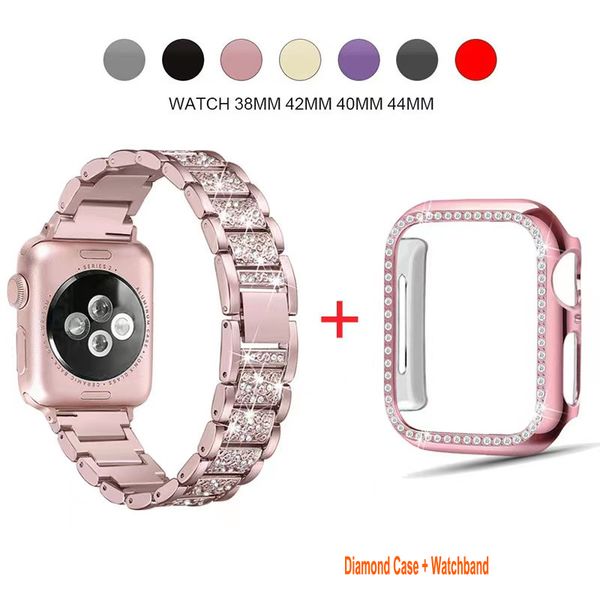 

Case for watchbnad Apple Watch Band 49 45mm Jewelry Diamond Rhinestone Stainless Steel Metal Wristband Strap with Bling PC Protective Case for iWatch Series 8 7 i, Pink