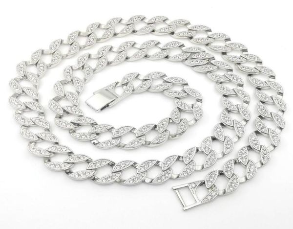 

14k white solid fine gold finish iced out cuban miami chain link micro pave lab diamond necklace long 30inch 15mm wide4102007, Black
