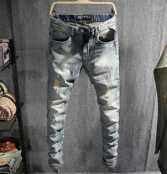 

men039s jeans fashion streetwear men light blue slim fit patchwork ripped cotton denim pants vintage designer hip hop6404530
