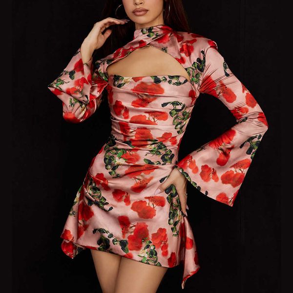 

new style dress hollow floral skirt printed one-line collar cheongsam dress, Black;gray