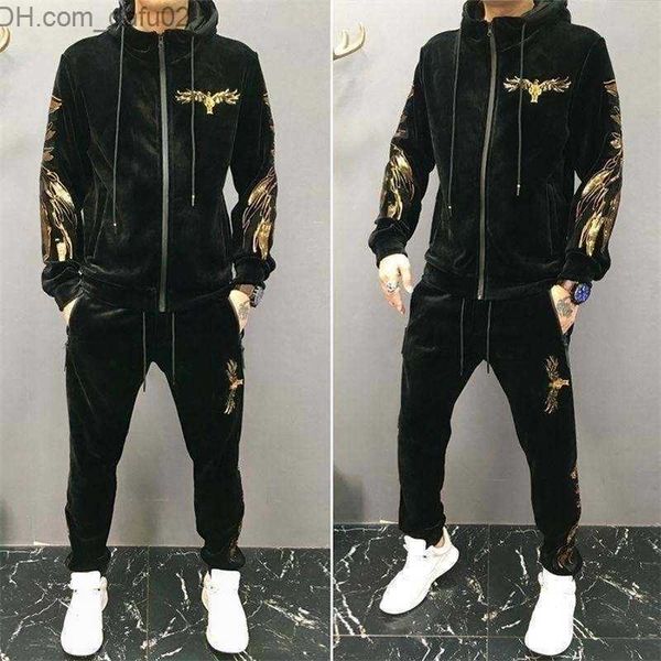 

men's tracksuits gold velvet padded pleuche casual sports suit mens slim winter twopiece mens fashion 201109 z230725, Gray