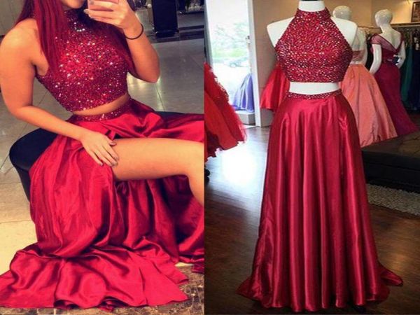 

aline high side slit prom gowns custom robe de soiree two pieces grand sparkly beading red evening dress4923535, Black