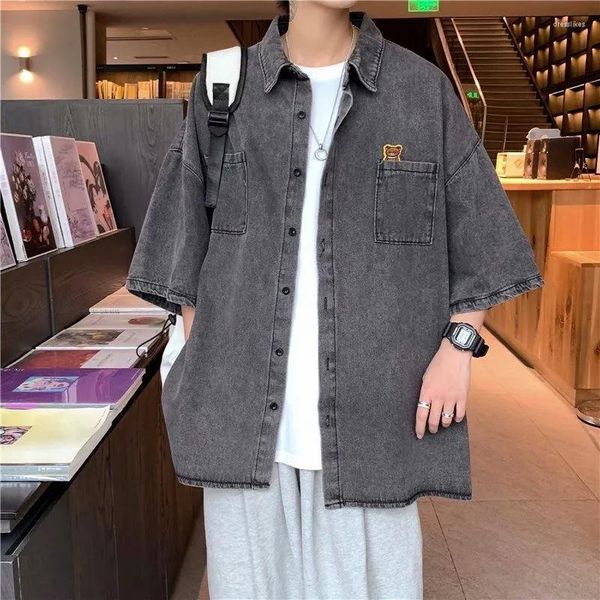 

men's casual shirts summer versatile cool loose tess button t-shirt soft college style letters solid denim short sleeve pocket bear, White;black