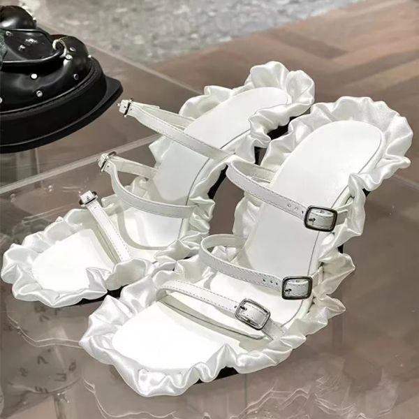 

casual shoes flower decor straps sandals buckles hollow solid stiletto heels open toe silp on summer party dress, Black