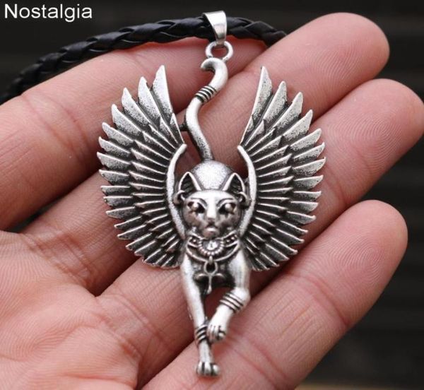 

egypt cat with angel wings bastet ethnic cat jewelry necklace wicca pagan talisman egyptian sphinx jwelry for women men 20191828440, Silver