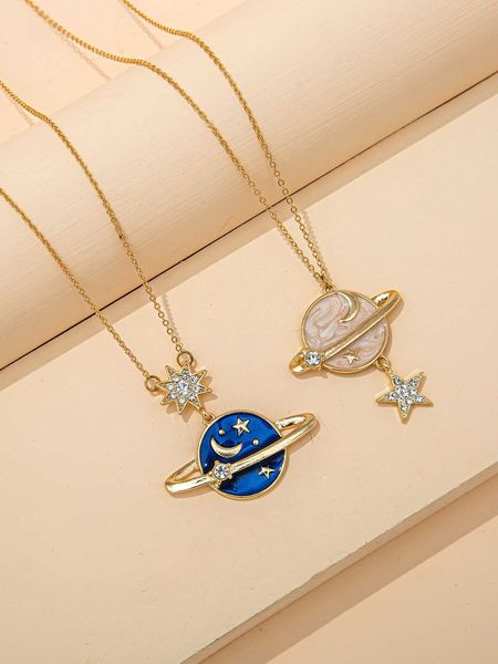 

women's accessories 2pcs rhinestone star planet charm necklace, Silver